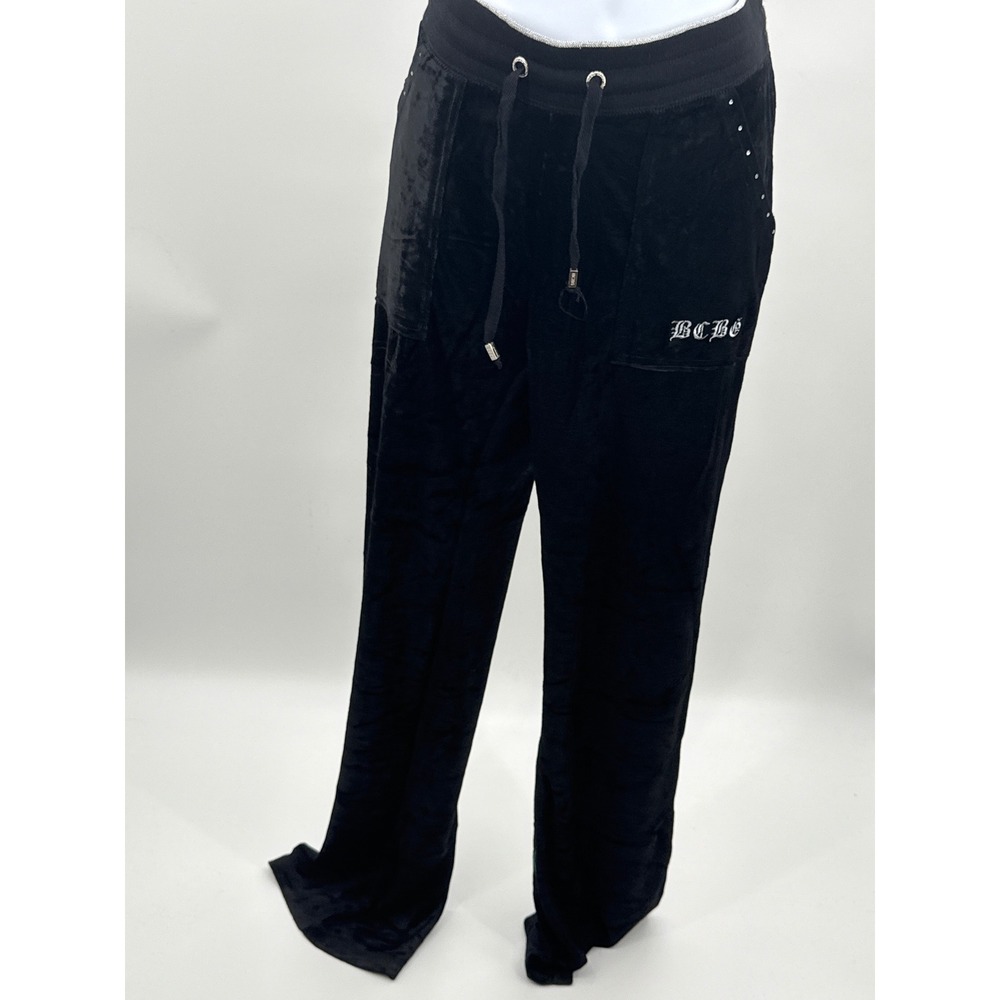 BCBG Black Velour Wide Leg Track Pants Gothic Logo Joggers BC13478P Womens L NEW